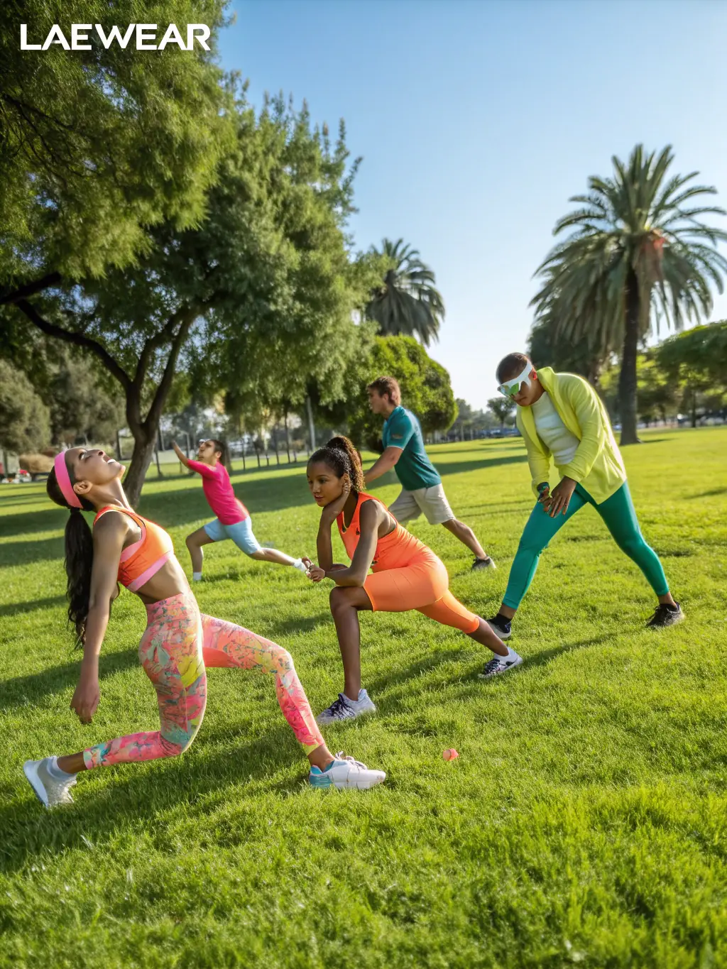 A diverse group of runners laughing and stretching together before a run in a sunny park, showcasing the friendly and inclusive atmosphere of RTO.