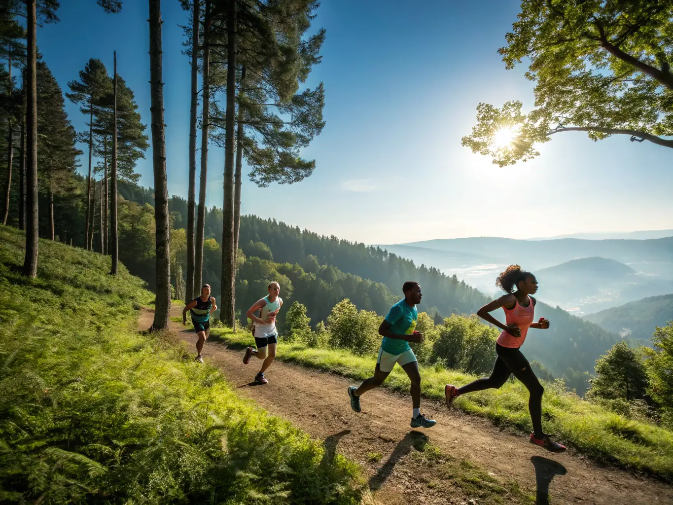 A group of runners participating in a trail run through a forest, with sunlight filtering through the trees, showcasing the excitement and challenge of trail running.