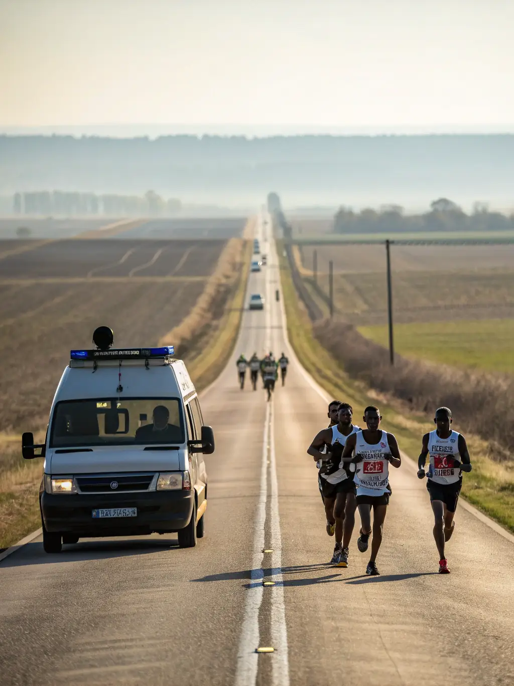 A group of runners participating in a trail run through scenic countryside, with lush greenery and clear skies.