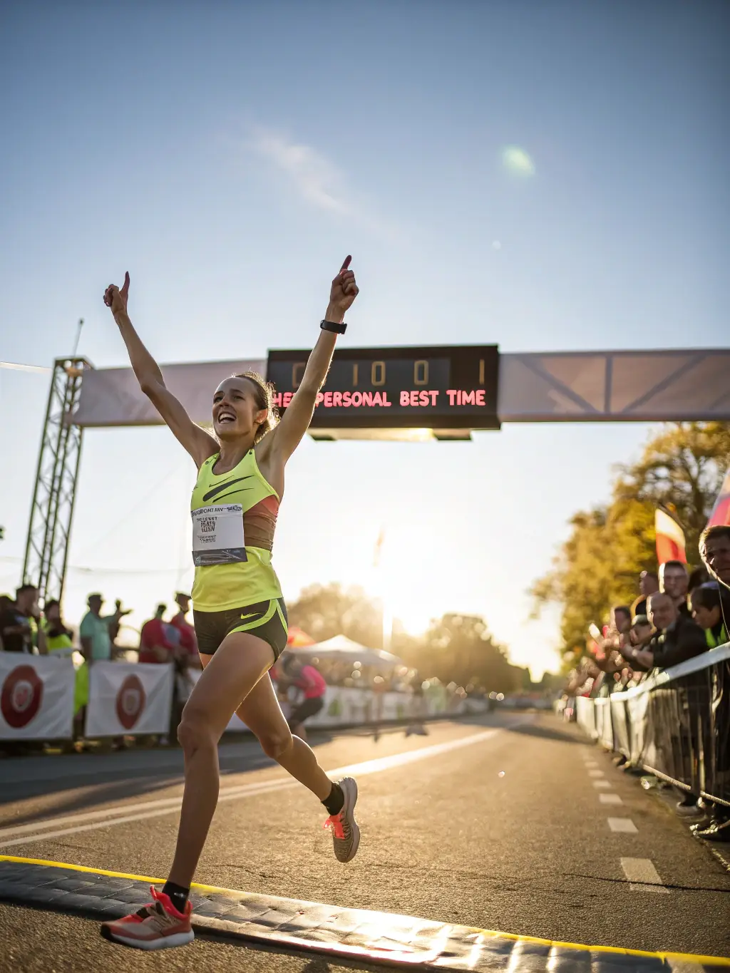 A runner triumphantly crossing a finish line at a local race, representing personal achievement and the supportive environment of RTO.