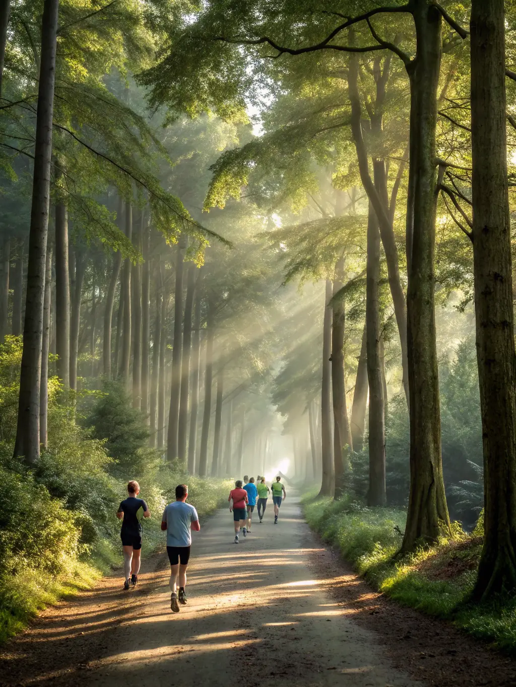 A group of runners navigating a scenic trail during a training session, emphasizing the opportunity to explore nature and improve fitness with RTO.
