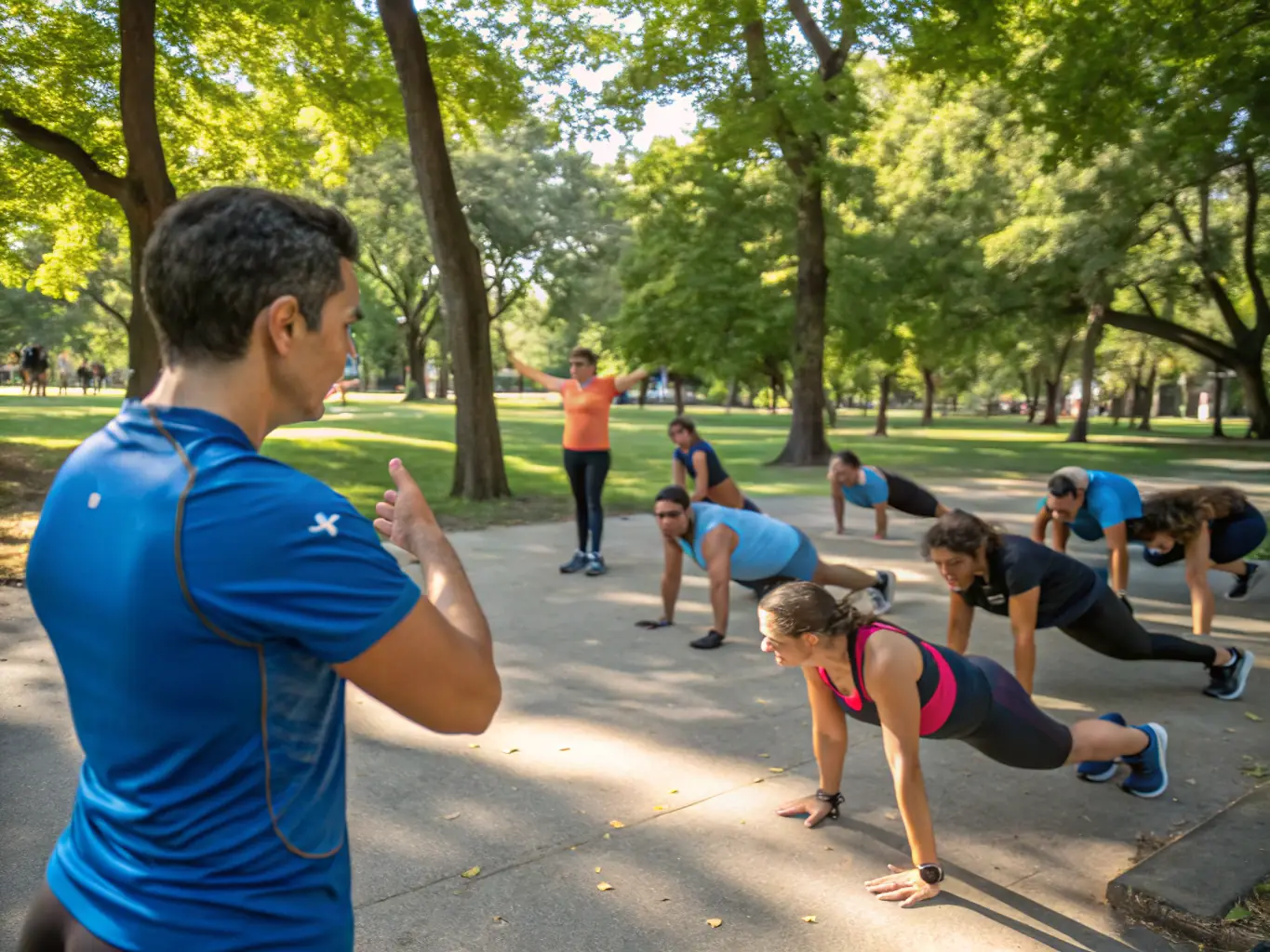 A diverse group of runners stretching and warming up before a group run in a park, emphasizing inclusivity and community spirit.