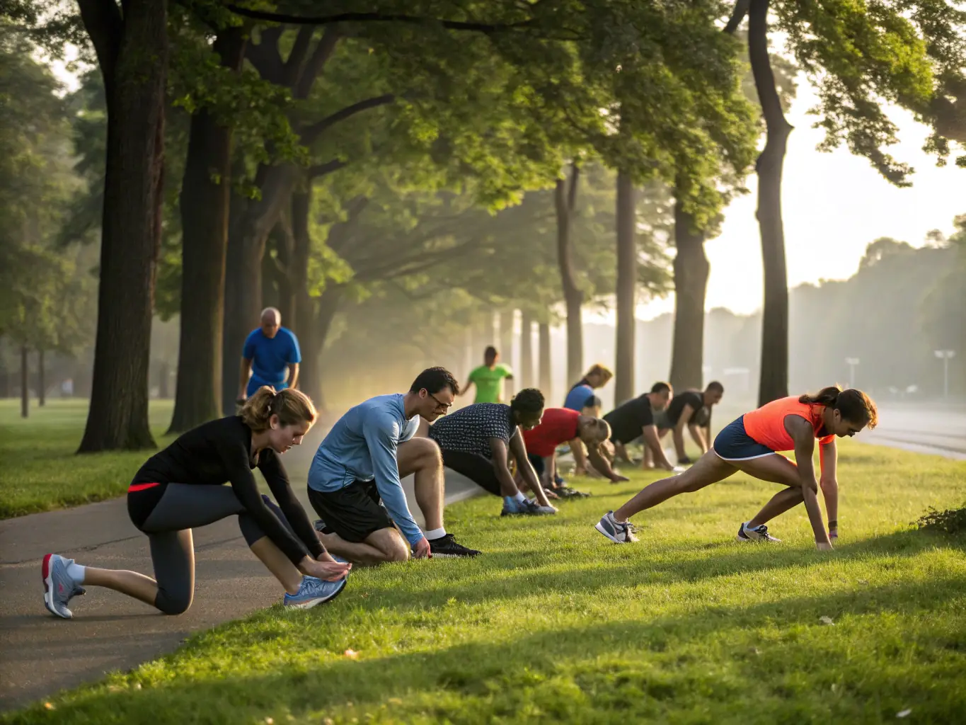 A photo of a group of people stretching and preparing for a morning run in a park, emphasizing the importance of fitness and community engagement.